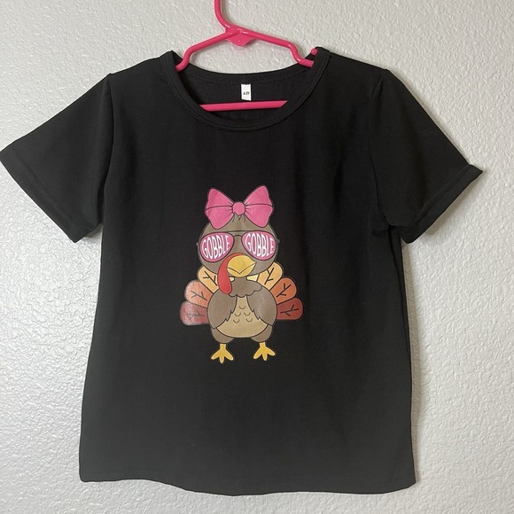 Boutique Trending Girl Turkey With Bow Thanksgiving Gobble Gobble Tshirt - Picture 1 of 5